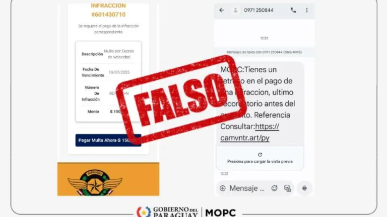 Intento de estafa: MOPC alerta de mensajes falsos sobre supuestas multas de la Patrulla Caminera