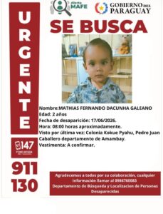 Desesperada búsqueda en Pedro Juan Caballero: un niño de dos años desapareció de su hogar en Kokue Pyahu