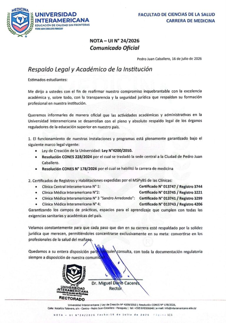 Universidad Interamericana ratifica la total legalidad y habilitación de su carrera de Medicina en Pedro Juan Caballero